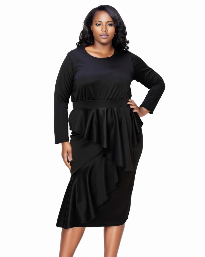 Front of a model wearing a size 3X Alexandra Ruffled Bodycon Dress in Black by L I V D. | dia_product_style_image_id:315879